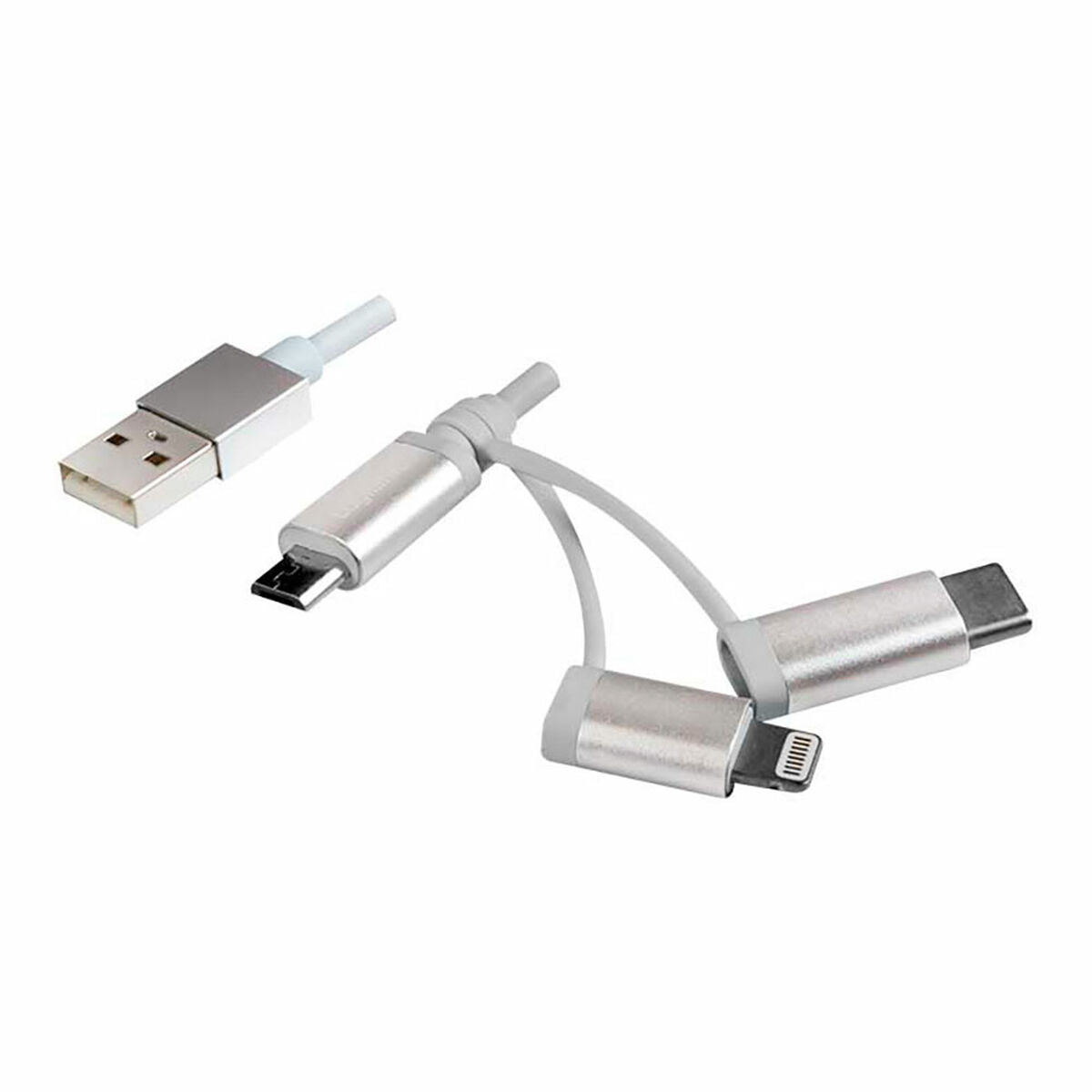 Multi-device charging cable with USB, micro-USB, and Lightning connectors on a white background