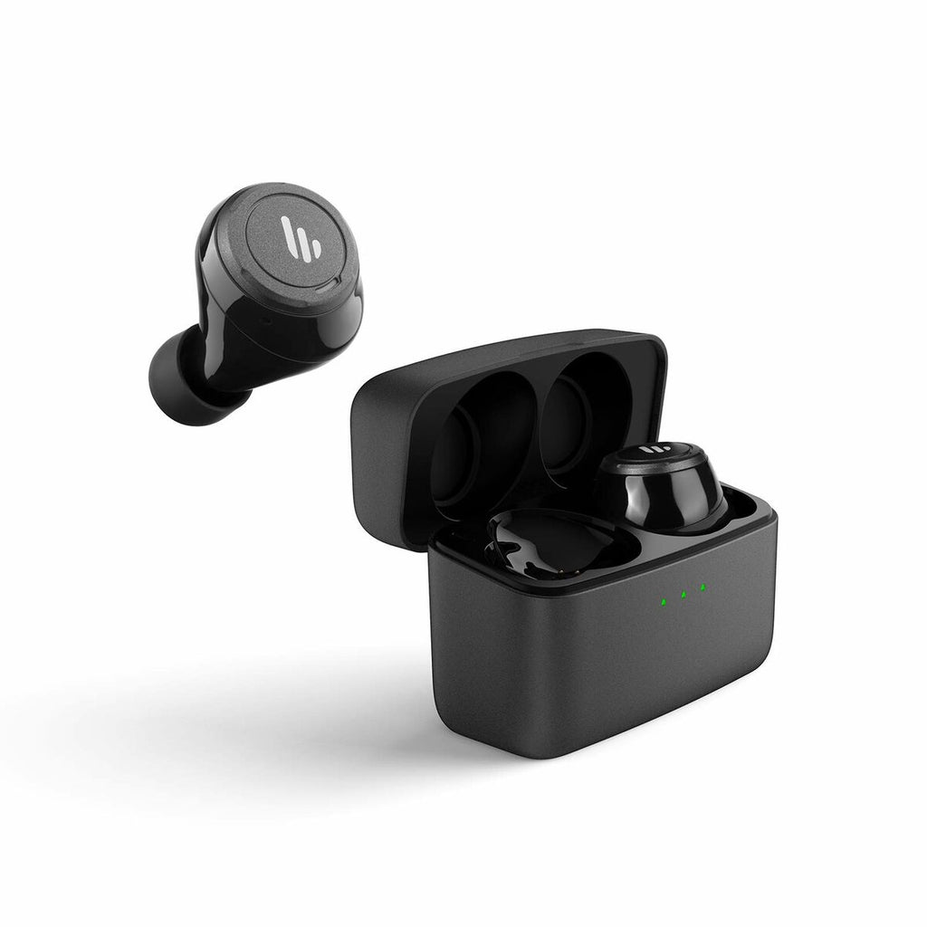 Black wireless earbuds with charging case on a white background