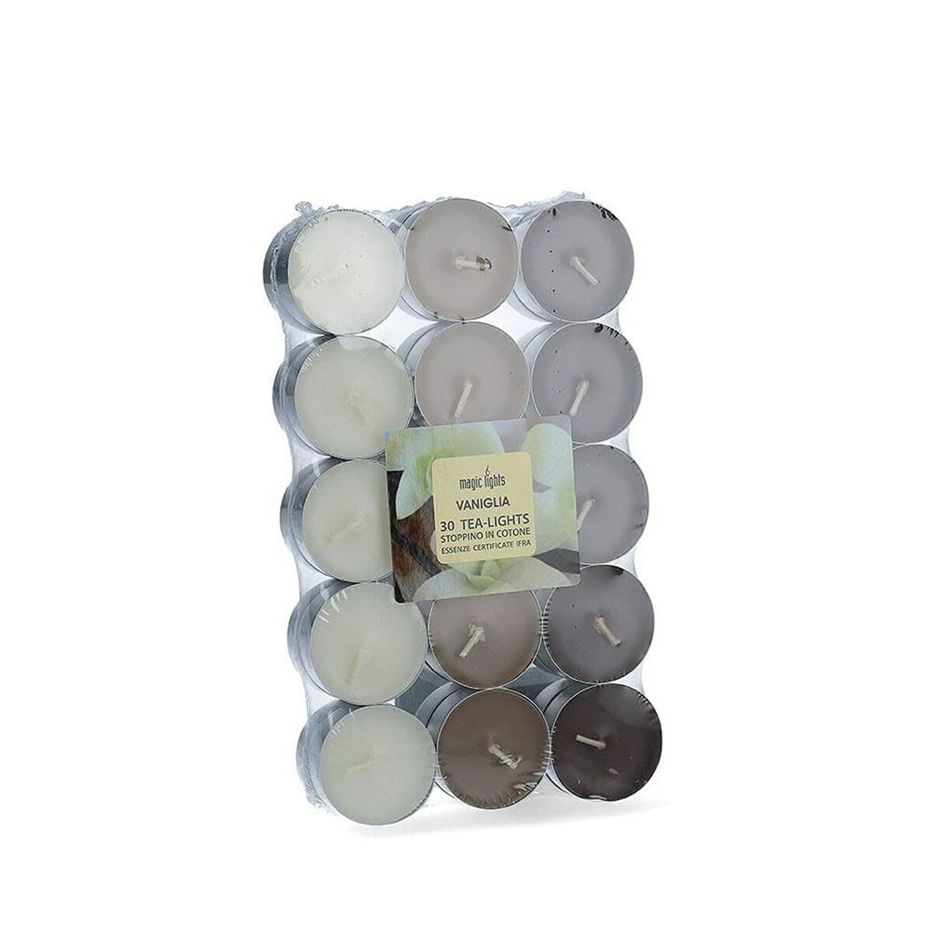 Pack of 30 vanilla-scented tea lights in a clear plastic container on a white background.
