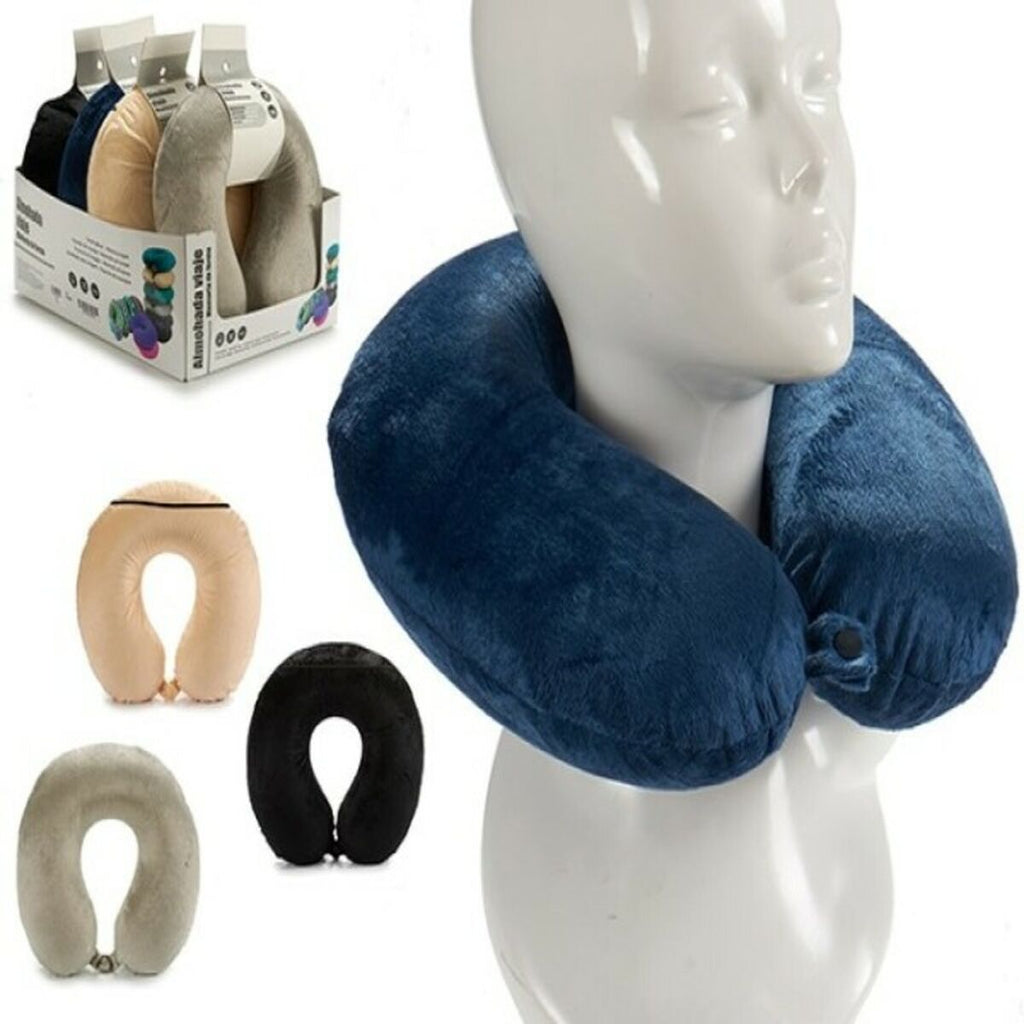 Blue travel neck pillow on a mannequin head with packaging and additional pillows displayed below.