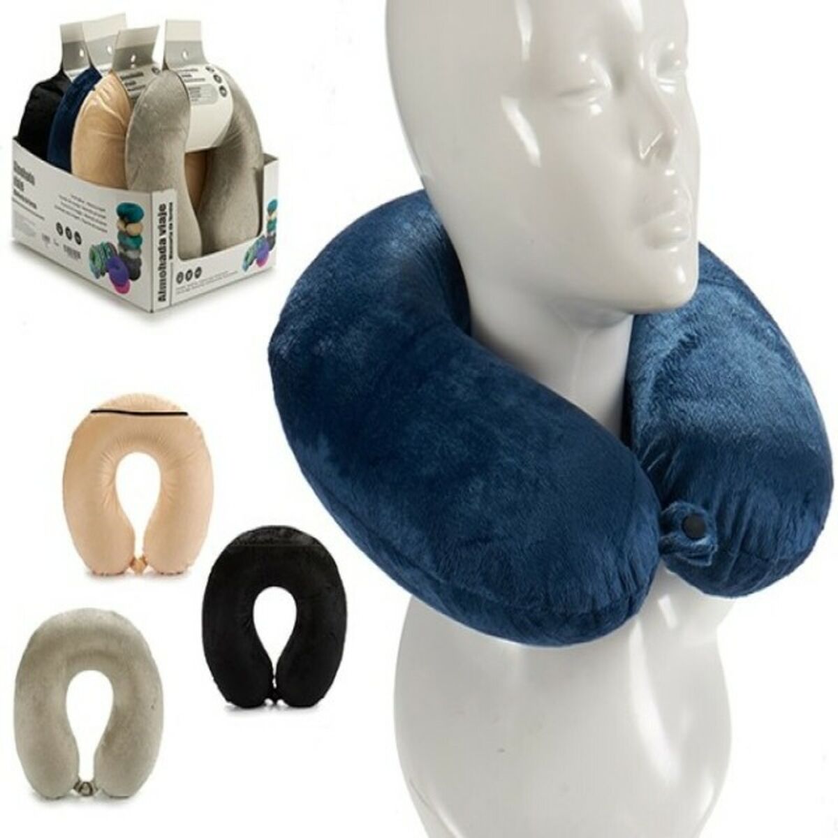 Blue travel neck pillow on a mannequin head with packaging and additional pillows displayed below.