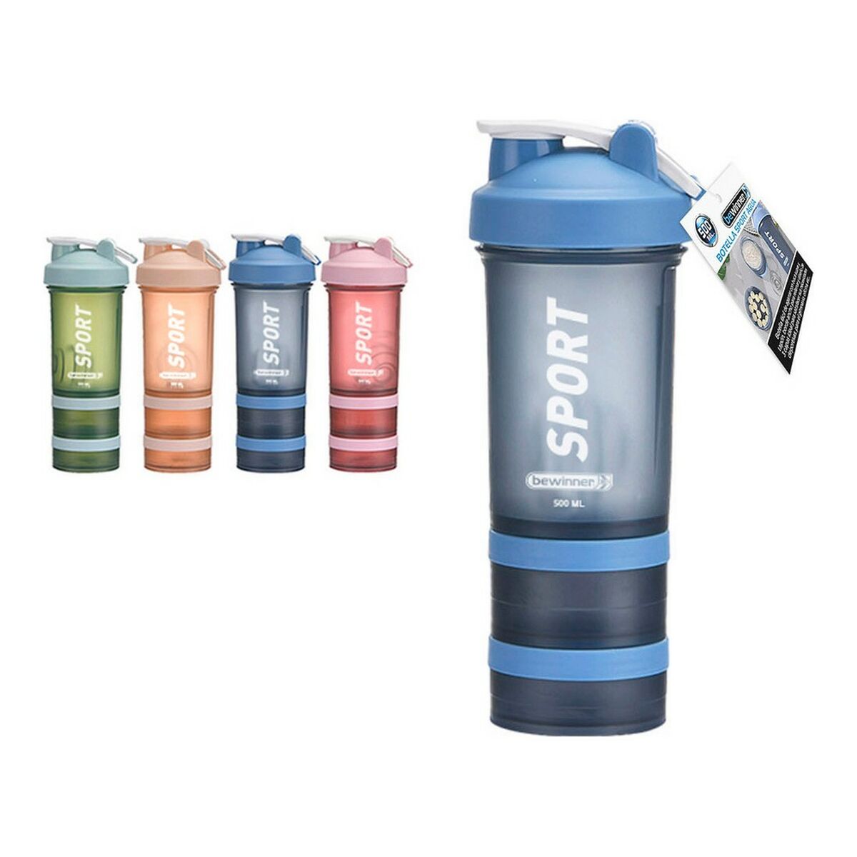 Set of colorful protein shakers with a blue and gray shaker in front on a white background.